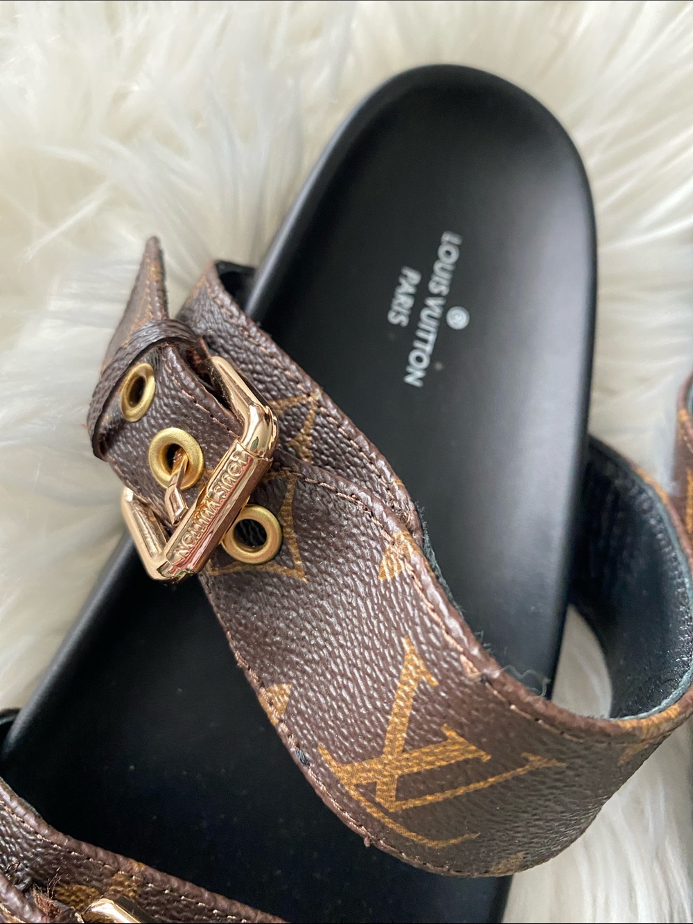 Louis Vuitton Monogram Double Buckle Slides - Brown & Black with Gold Hardware - Picture 6 of 10